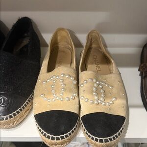 CHANEL Pearl Embellished Beige and Black Espadrilles